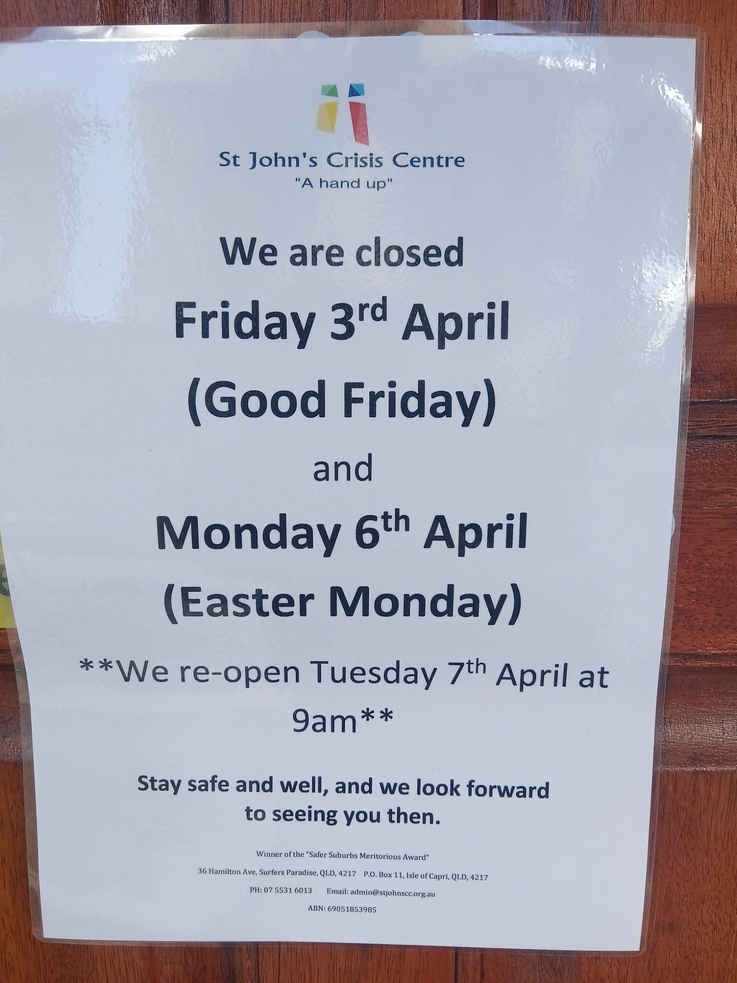 St John's Crisis Centre closed over Easter — Good Friday 3 April and Easter Monday 6 April